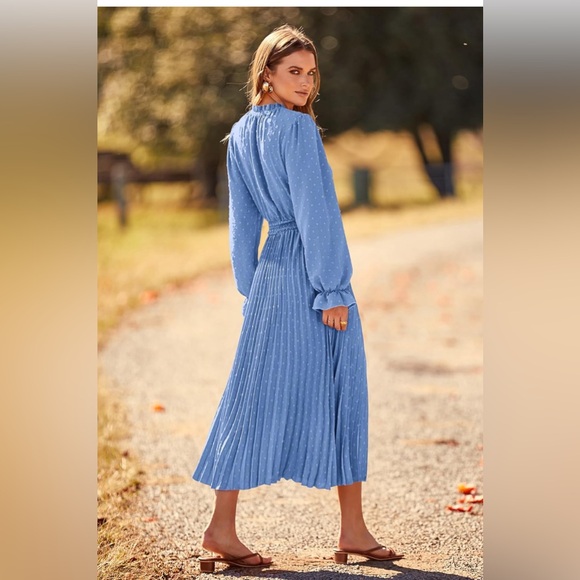 PRETTYGARDEN Fall Long Sleeve V Neck Swiss Dot Pleated A Line Flowy Dresses - Picture 3 of 11